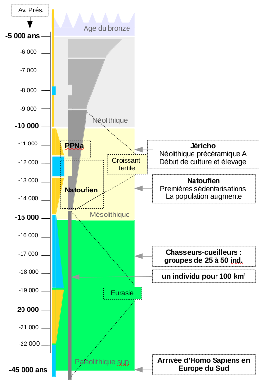 Après l'intermède du Dryas récent, la sédentarisation reprend dans le croissant fertile durant la période dite de Pré-Céramique Néolithique A.